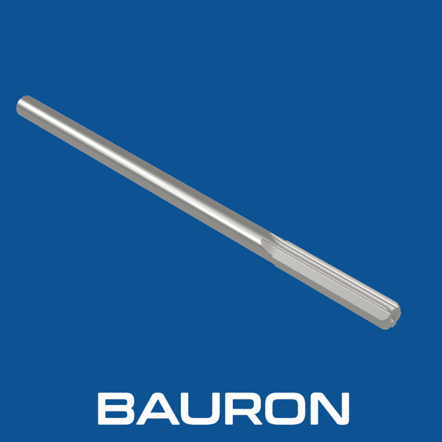 Angled rendering of a silver chucking reamer showing its cylindrical shank, straight cutting flutes, and chamfered end