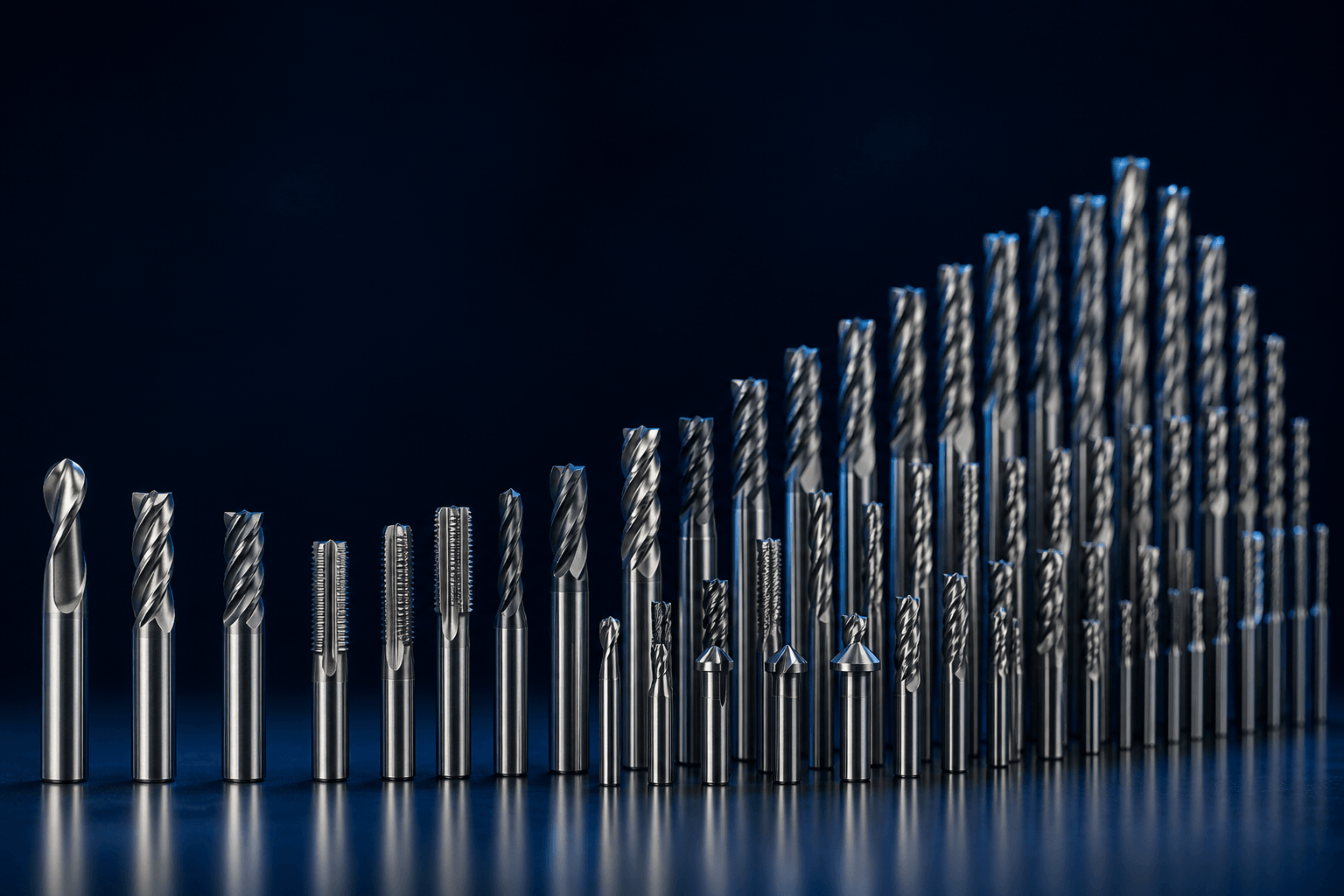 Metallic CNC cutting tools arranged from a few to many, illustrating scalable low-to-high volume production
